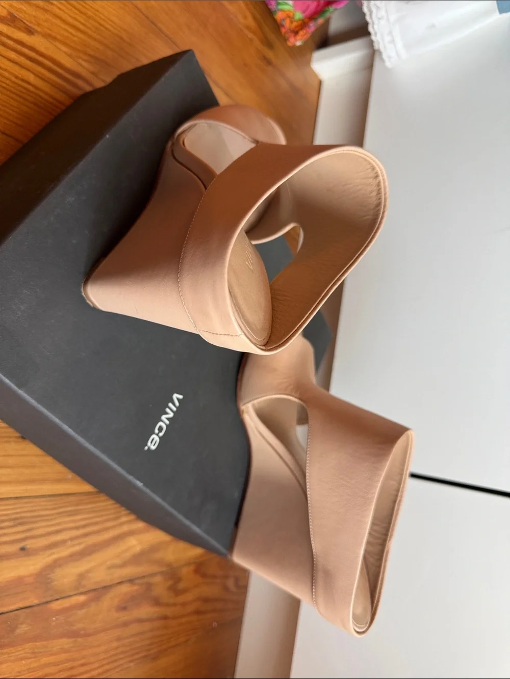 Vince Blush Tan Leather Open-Toe Wedge Mules